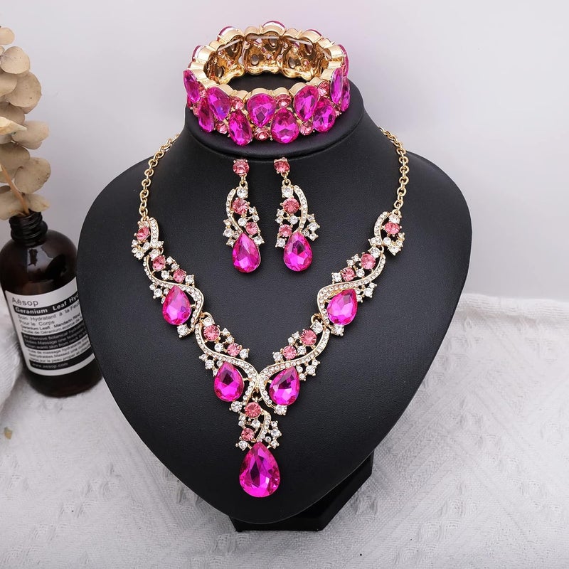 CSY Women's Elegant Bridal Necklace Earrings Stretch Bangle Bracelsts Set for Bride Bridesmaid Wedding Teardrop Crystal Costume Jewelry Sets - Image 3